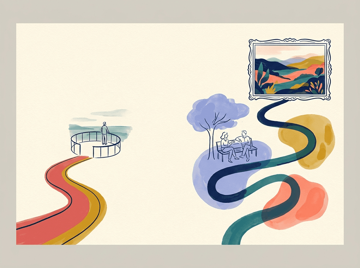 Ink and gouache paths contrasting an initial overview with a longer assessment journey