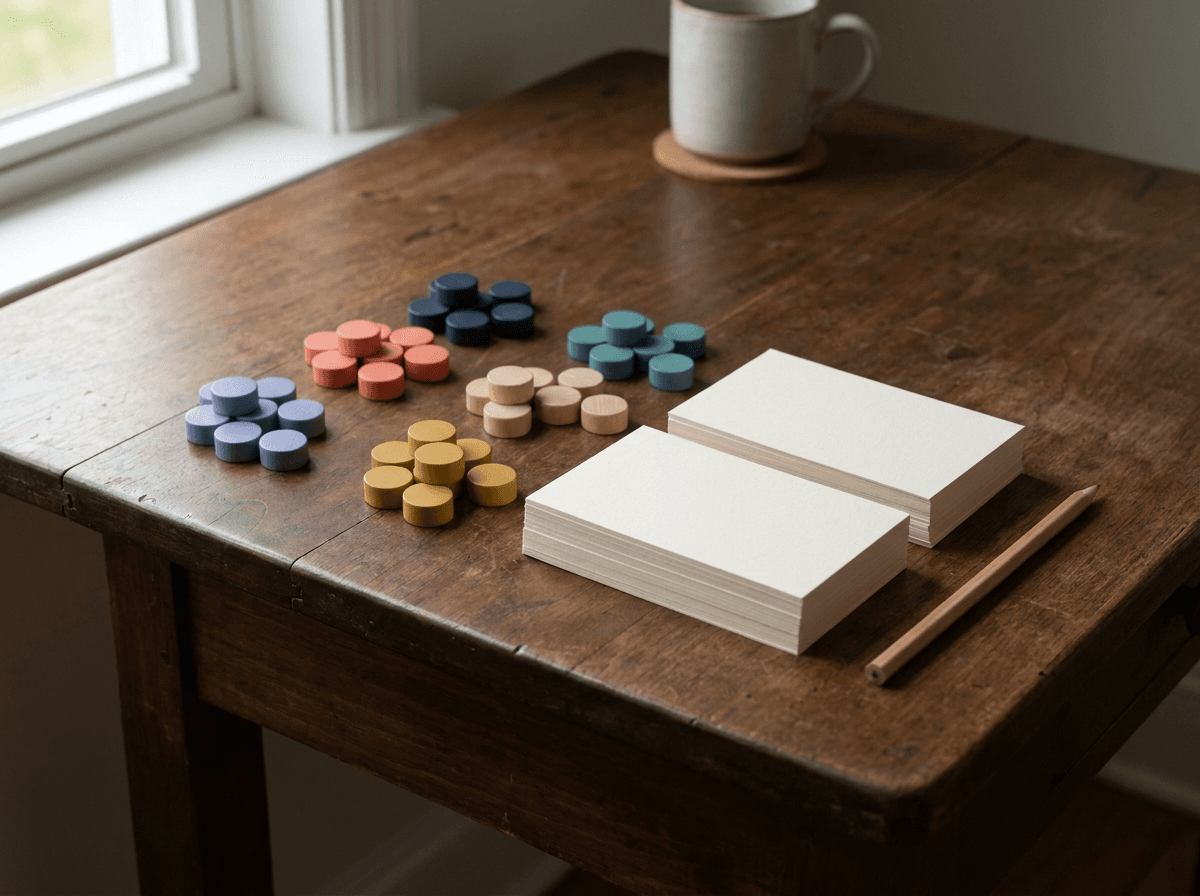 Blank response cards and grouped coloured counters arranged on a wooden desk