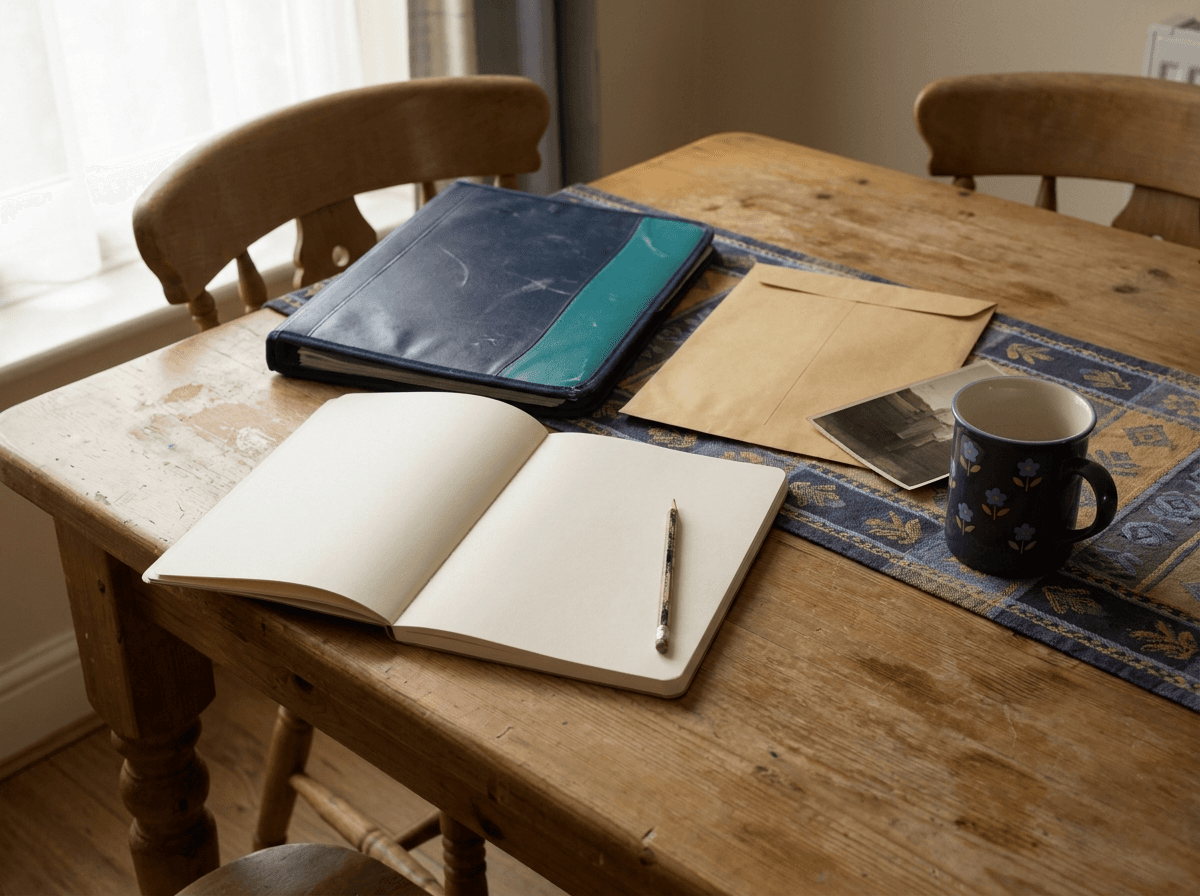 Notebook, school folder and document envelope prepared on a dining table
