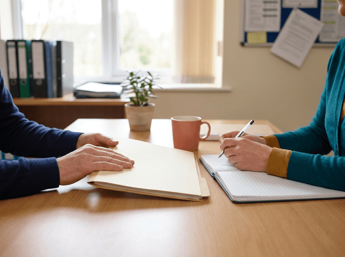 Two people discussing a screening report across a consultation desk