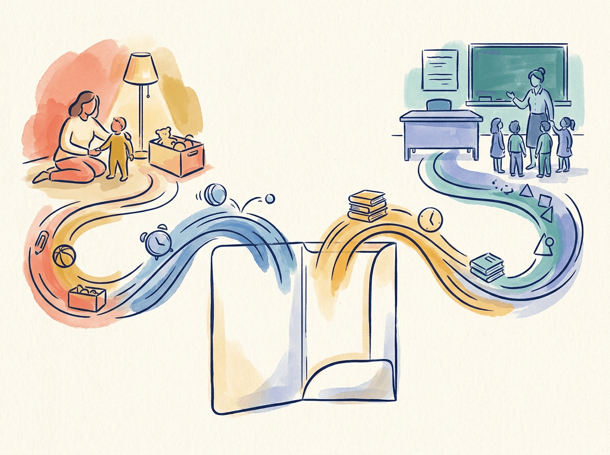 Illustrated home and school observations flowing into a shared report