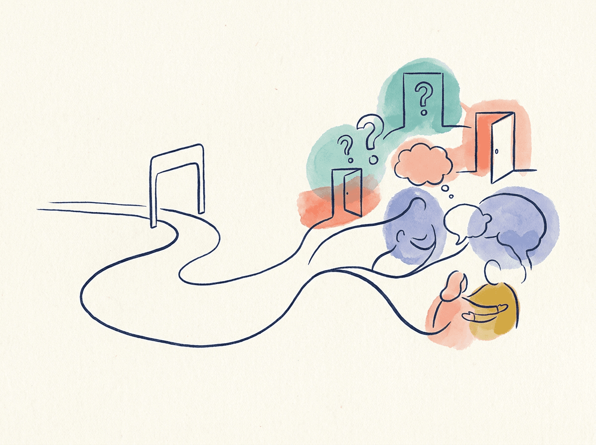 Illustrated path continuing from a screening report towards further questions and support
