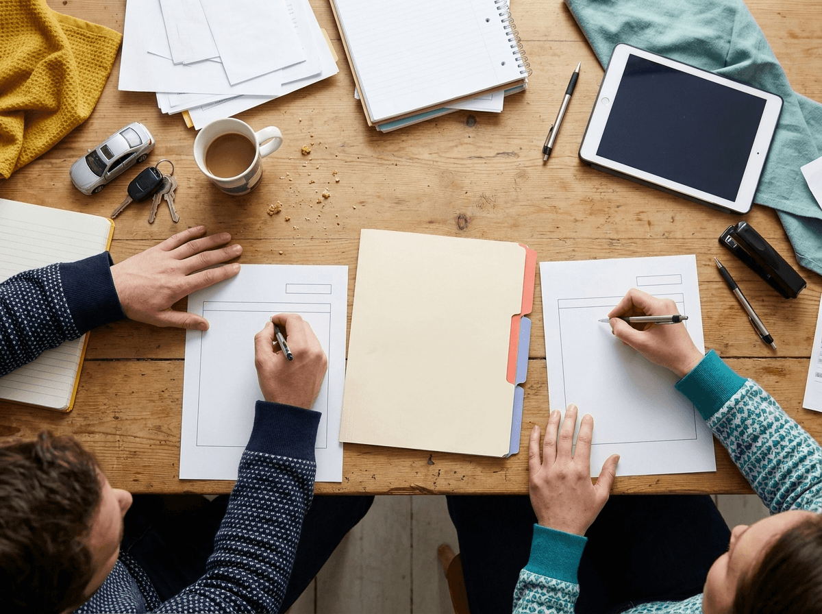 Two people completing separate observation forms beside a shared folder